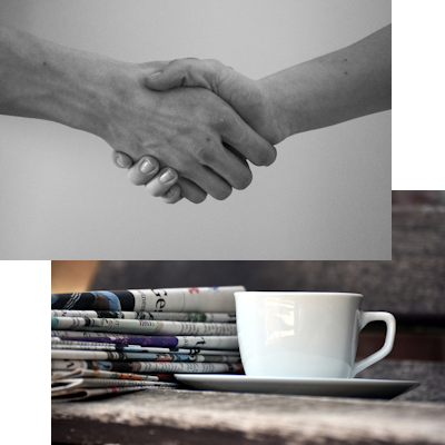 Prostate Cancer Support Group - An image of men shaking hands and a cup of coffee for a relaxed friendly atmosphere